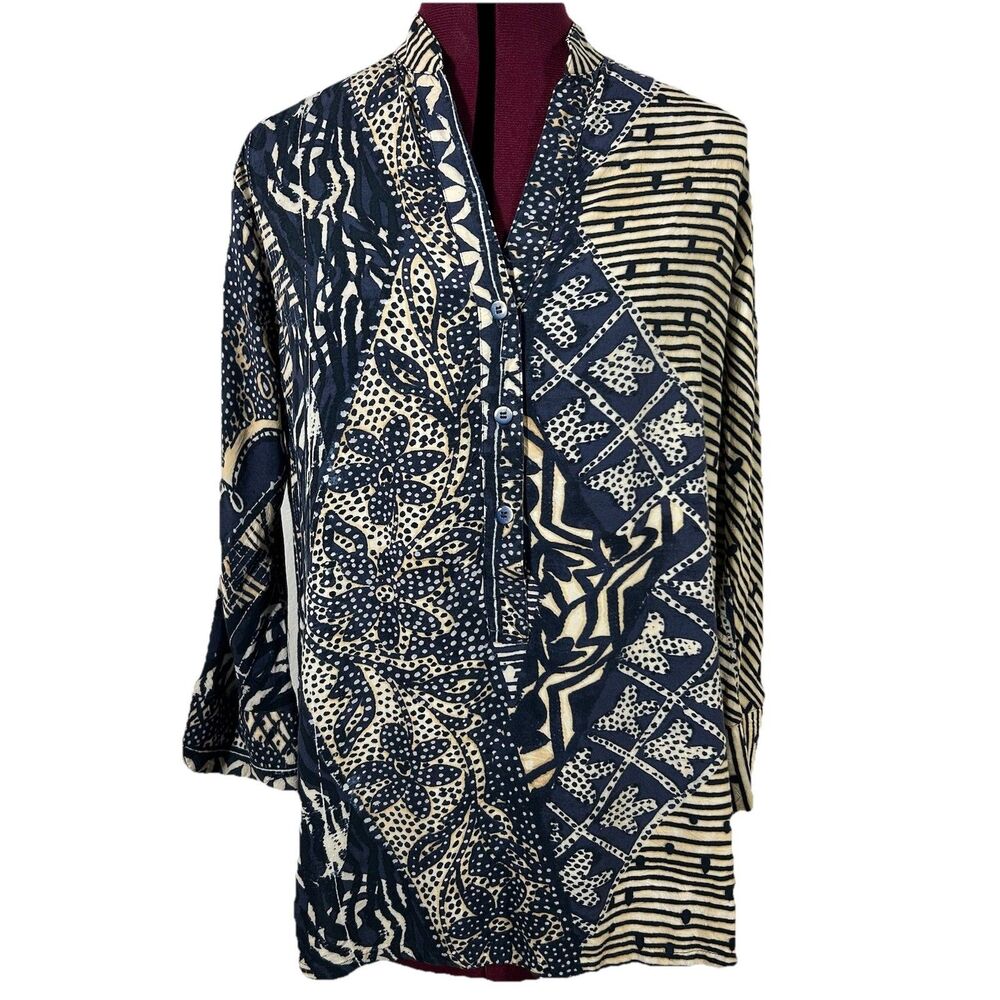 Vintage Jams World Tapa Print Pullover Rayon Tunic Top Sz S Batik Tropical Boho